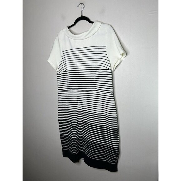 Talbots Black White Midi Collared Stripes Short Sleeve Size 16 - Picture 3 of 14